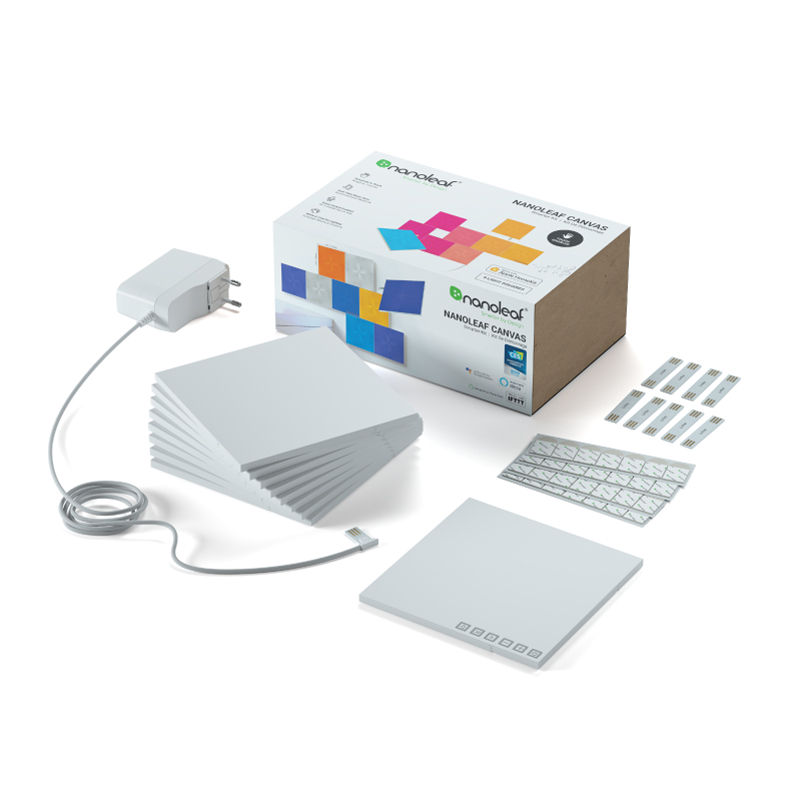 Nanoleaf Canvas color changing square smart modular light panels. 9 pack. Has expansion packs and flex linker accessories. Similar to Philips Hue, Lifx. HomeKit, Google Assistant, Amazon Alexa, IFTTT.