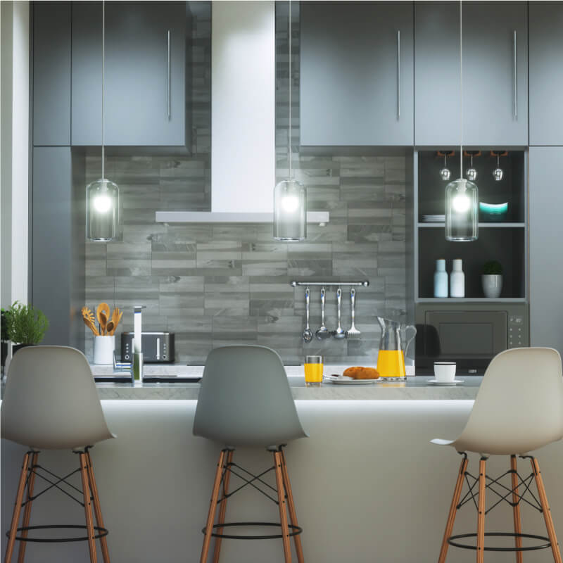 Nanoleaf Essentials Thread enabled color changing smart light bulbs mounted to fixtures in a kitchen. Similar to Wyze. HomeKit, Google Assistant, Amazon Alexa, IFTTT.
