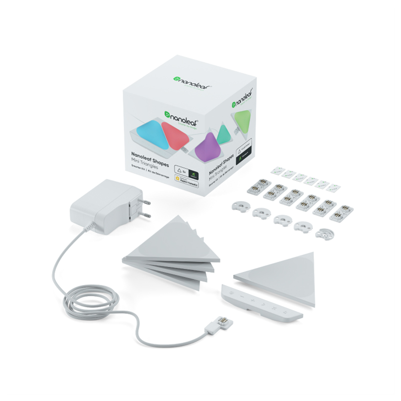 Nanoleaf Shapes Thread enabled color changing mini triangle smart modular light panels. 5 pack. Has expansion packs and flex linker accessories. Similar to Philips Hue, Lifx. HomeKit, Google Assistant, Amazon Alexa, IFTTT.